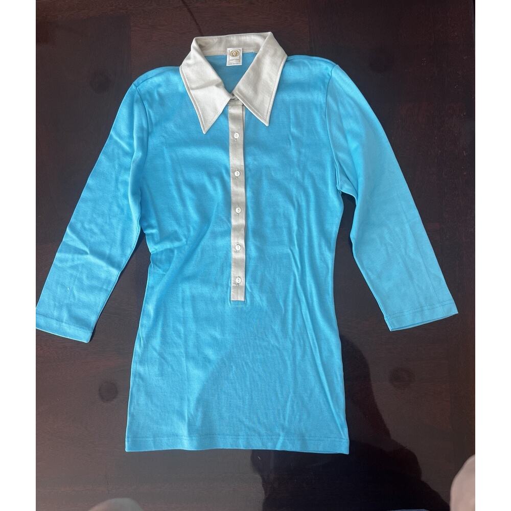 Herion Women Polo Shirt Blue & Beige 6 Button Made In Italy 100% Cotton Size 44